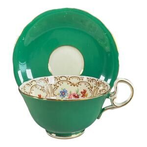 Vintage AYNSLEY Tea Cup & Saucer Set Bone China Vibrant Green Floral Bouquet